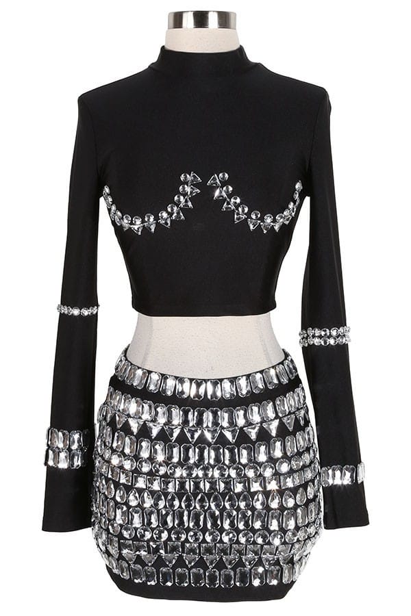 Women's Long Sleeve Crop Top & Embellished Mini Skirt Set - photo 4