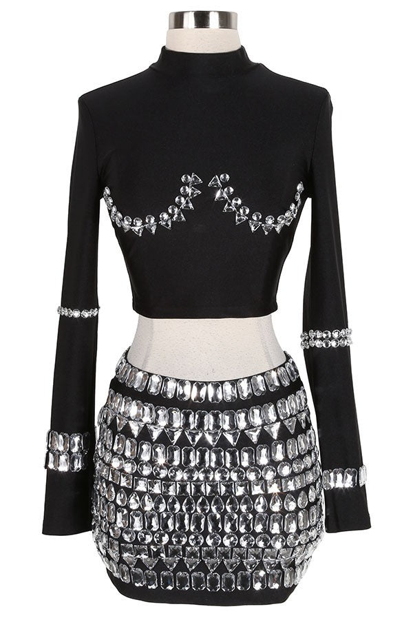 Women's Long Sleeve Crop Top & Embellished Mini Skirt Set - photo 4