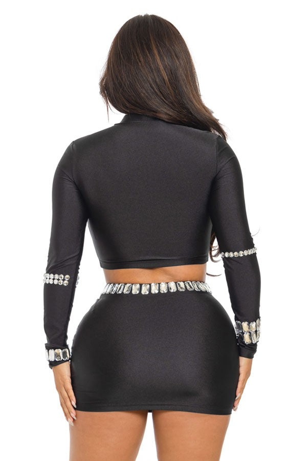 Women's Long Sleeve Crop Top & Embellished Mini Skirt Set - photo 3