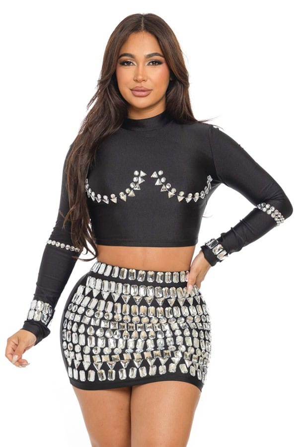 Women's Long Sleeve Crop Top & Embellished Mini Skirt Set