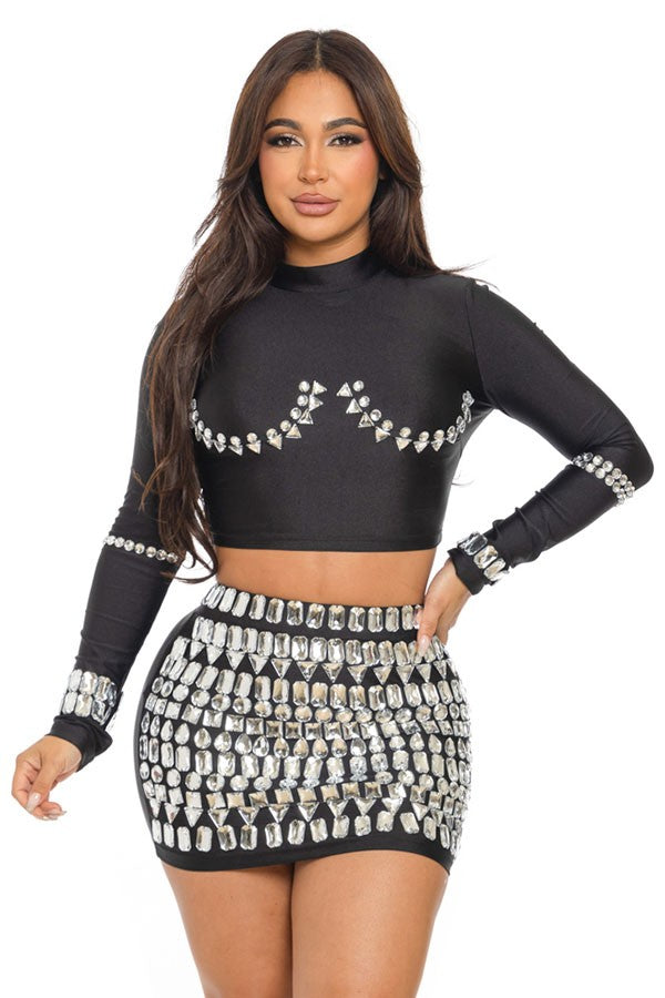 Women's Long Sleeve Crop Top & Embellished Mini Skirt Set