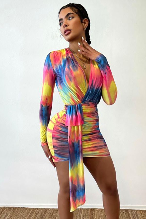 Women's Tie-Dye Mesh Long Sleeve Cutout Mini Dress
