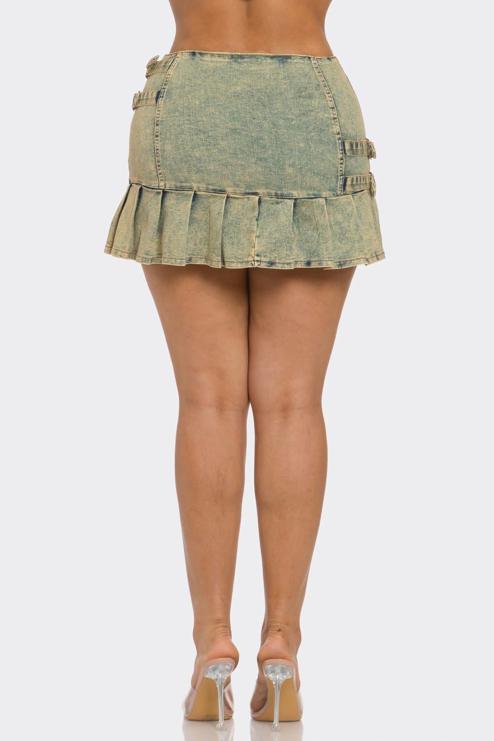 Women's Urban Rebel Buckle Detail Pleated Denim Mini Skirt Dress – full-length view