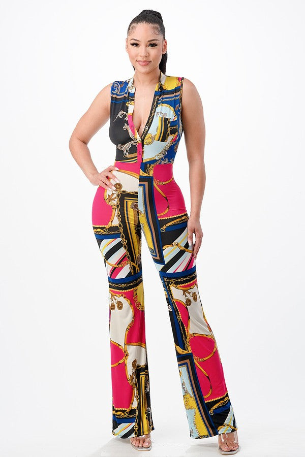 Women's Abstract Print Sleeveless Plunge Wide Leg Jumpsuit
