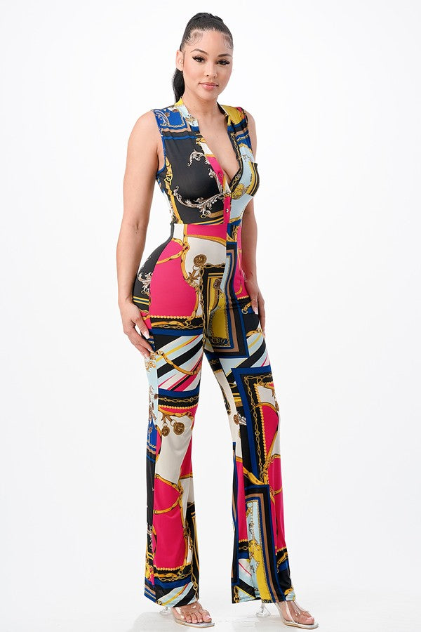 Women's Abstract Print Sleeveless Plunge Wide Leg Jumpsuit - photo 2