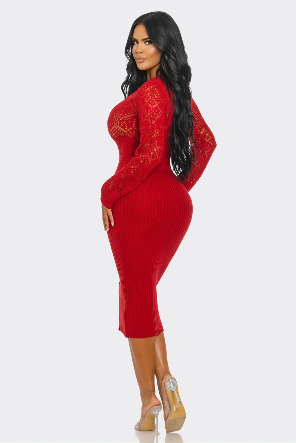 Women's V Neck and Long Sleeve Knit Midi Dress – detail view