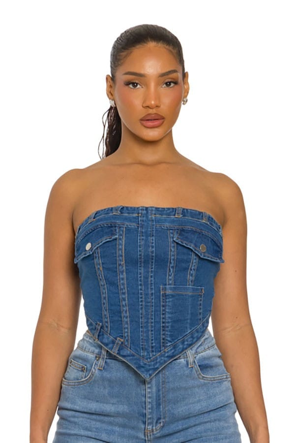 Women's Strapless Lace-Up Back Denim Corset Top