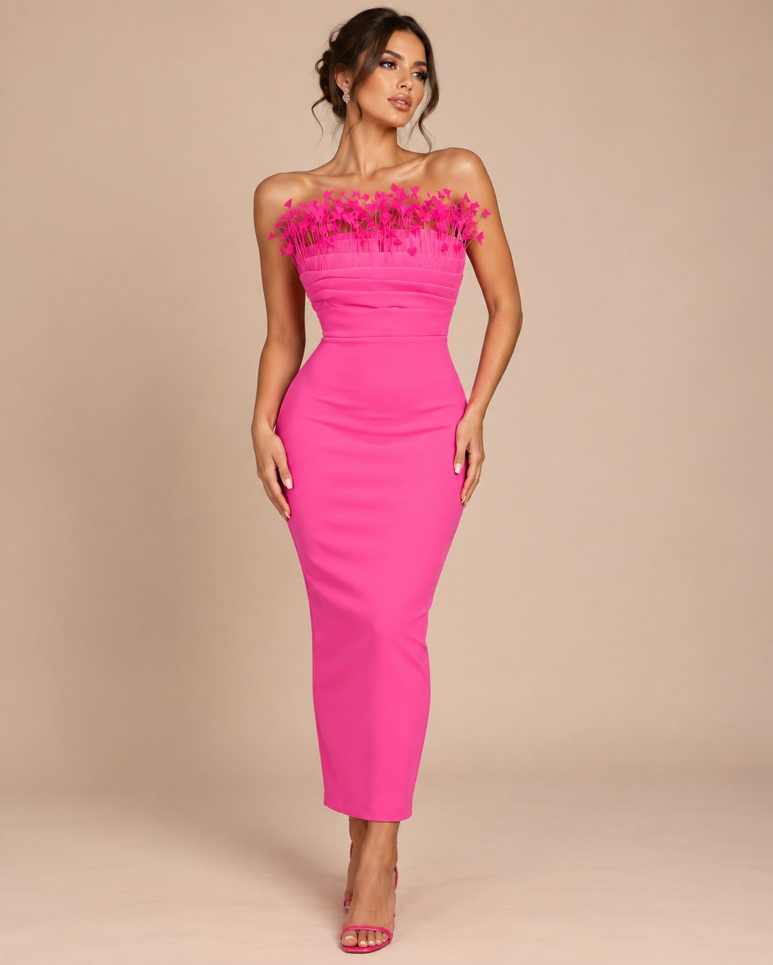Women's hot pink strapless feather-trim bandage midi dress