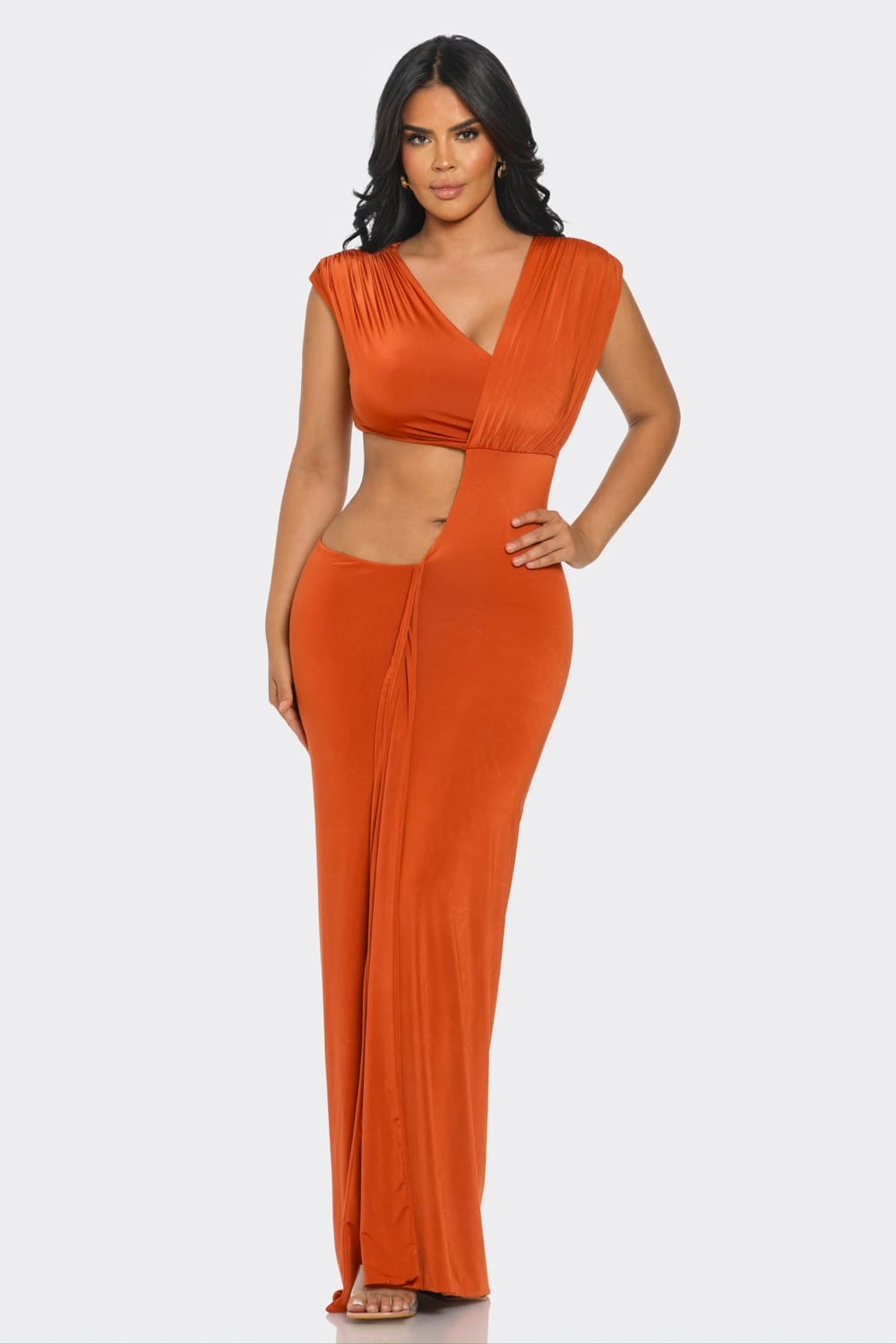 Women's Rust Venus Allure Waist Cutout Double Layer Maxi Dress – detail view