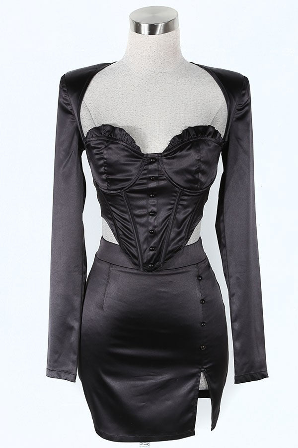 Women's Satin Blazer, Corset Top & Mini Skirt 3-Piece Set