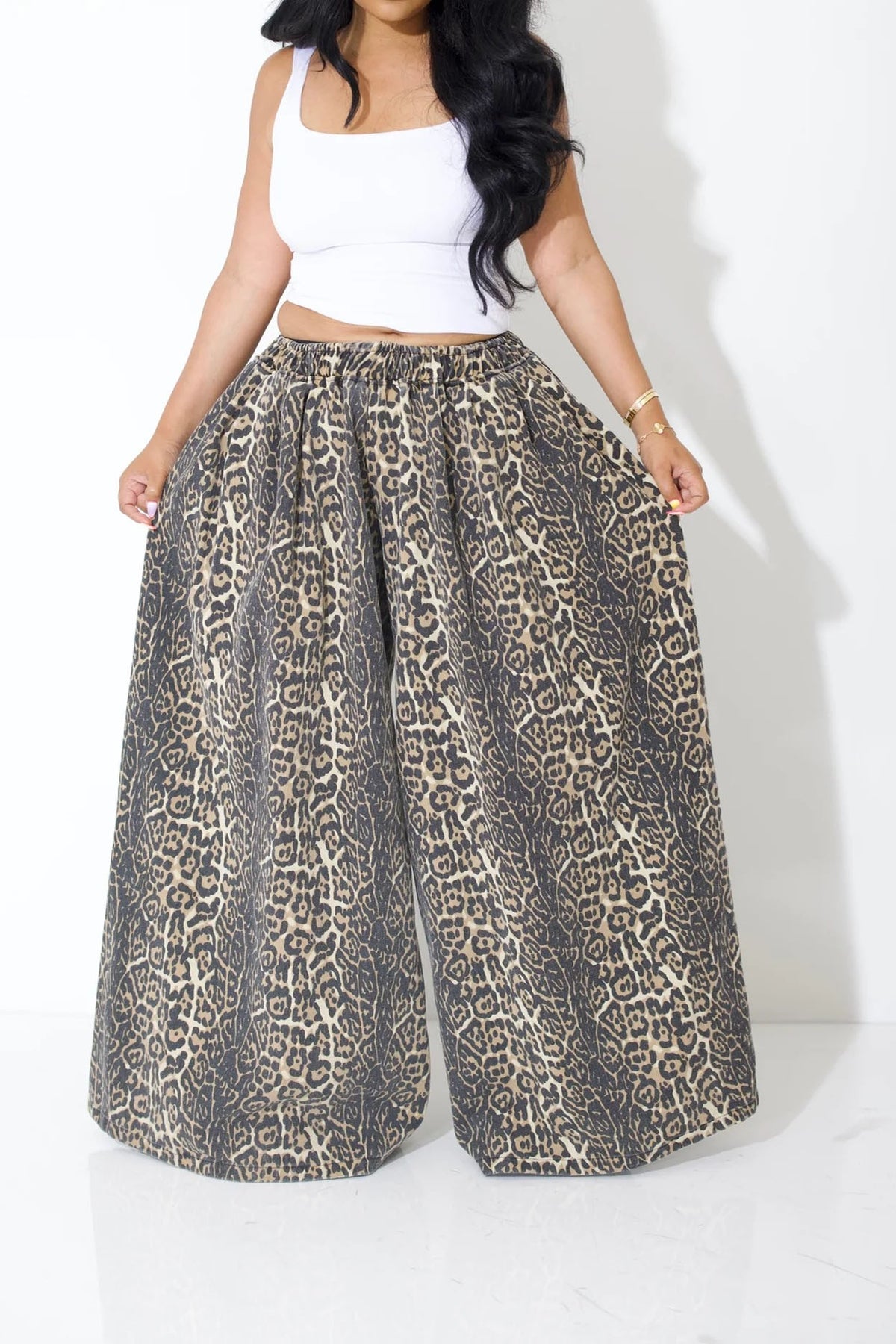 Women's wide leg leopard print pants on model
