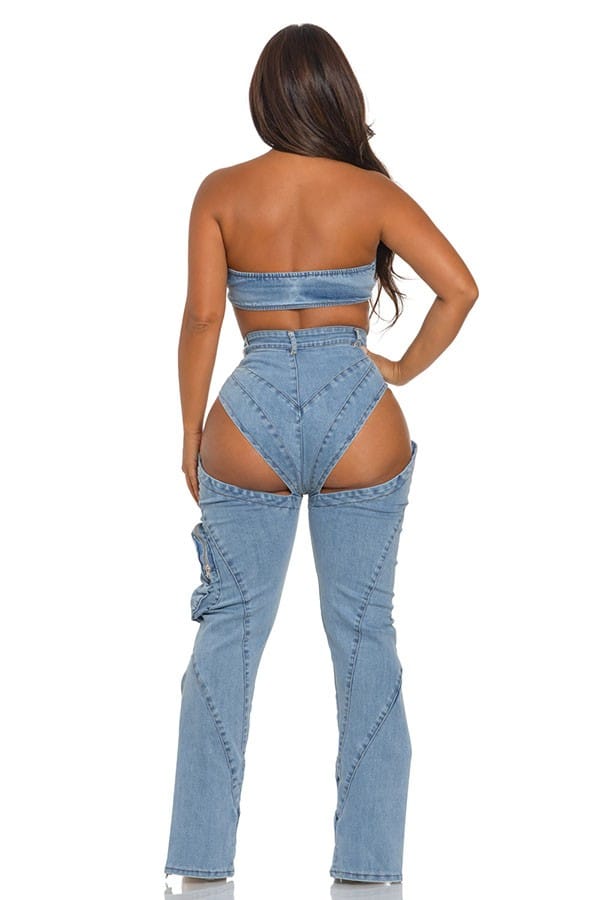 Women's Denim Bra Top & Cargo Slit Jeans Set - photo 3
