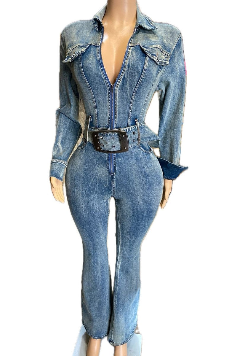 Denim bell bottom jumpsuit front