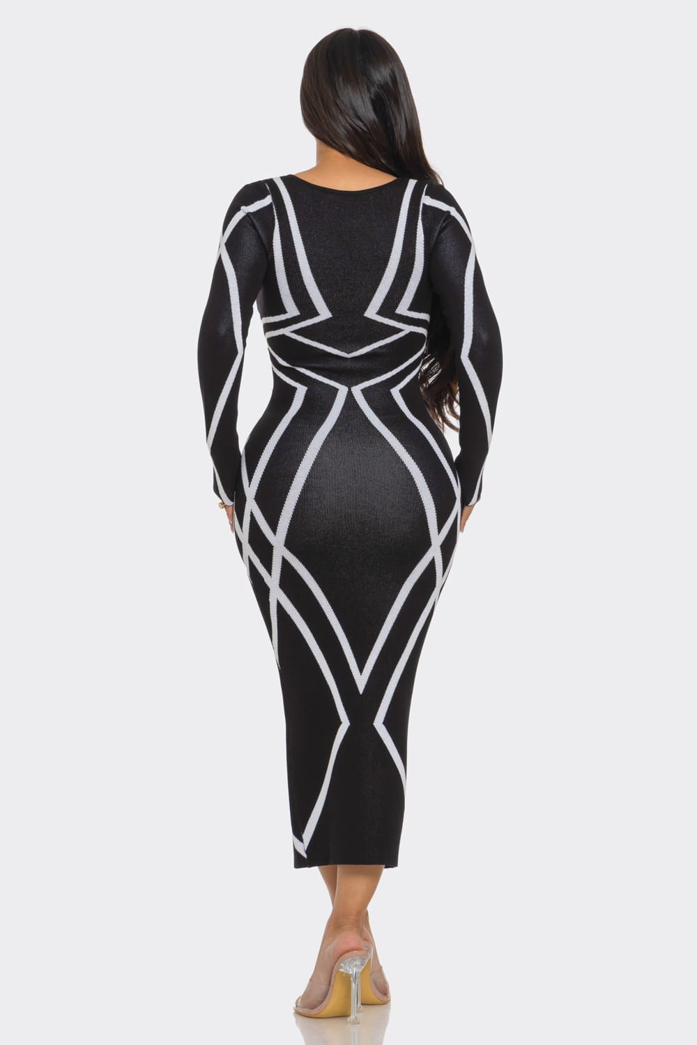 Women's Black Gio Pattern Print Sweater Knit Midi Dress – detail view