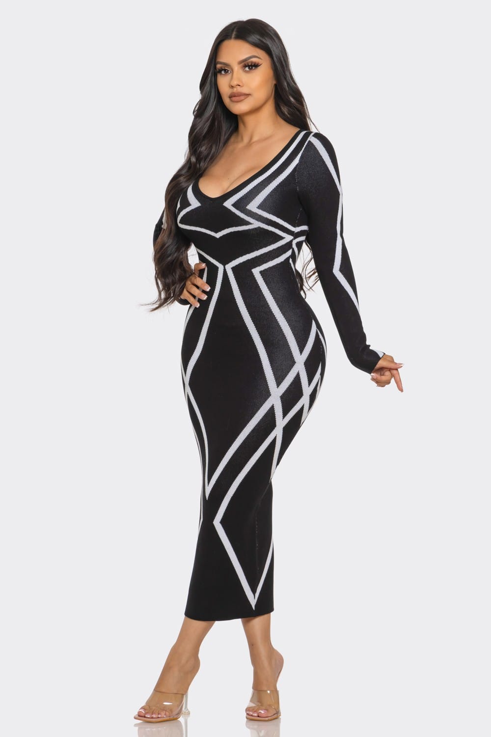 Women's Black Gio Pattern Print Sweater Knit Midi Dress – front view