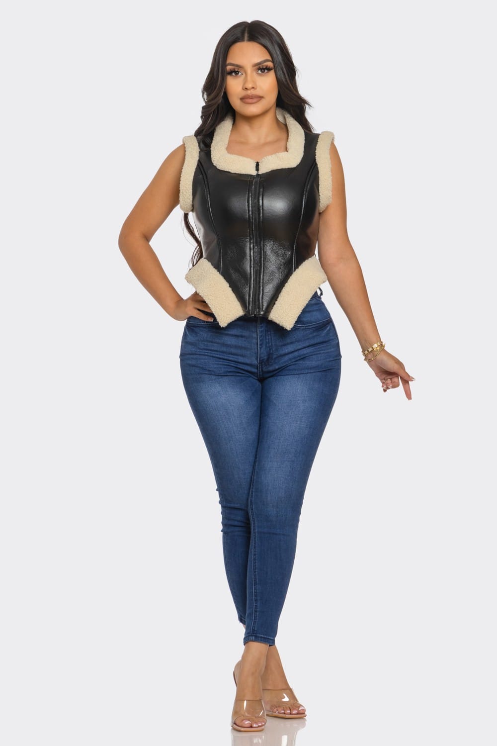 Women's Black Bucle Trim Leather Vest – side view