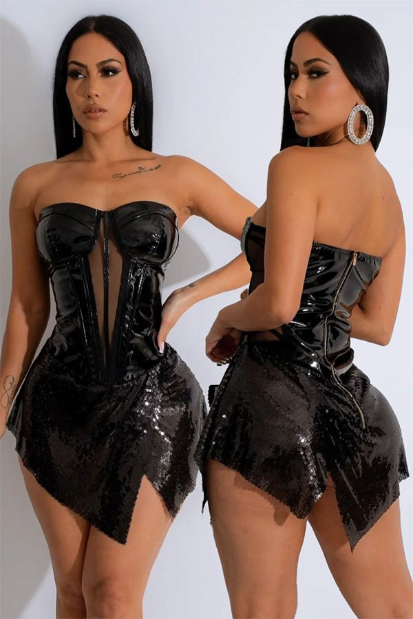 Women's black metallic faux leather strapless corset mini dress
