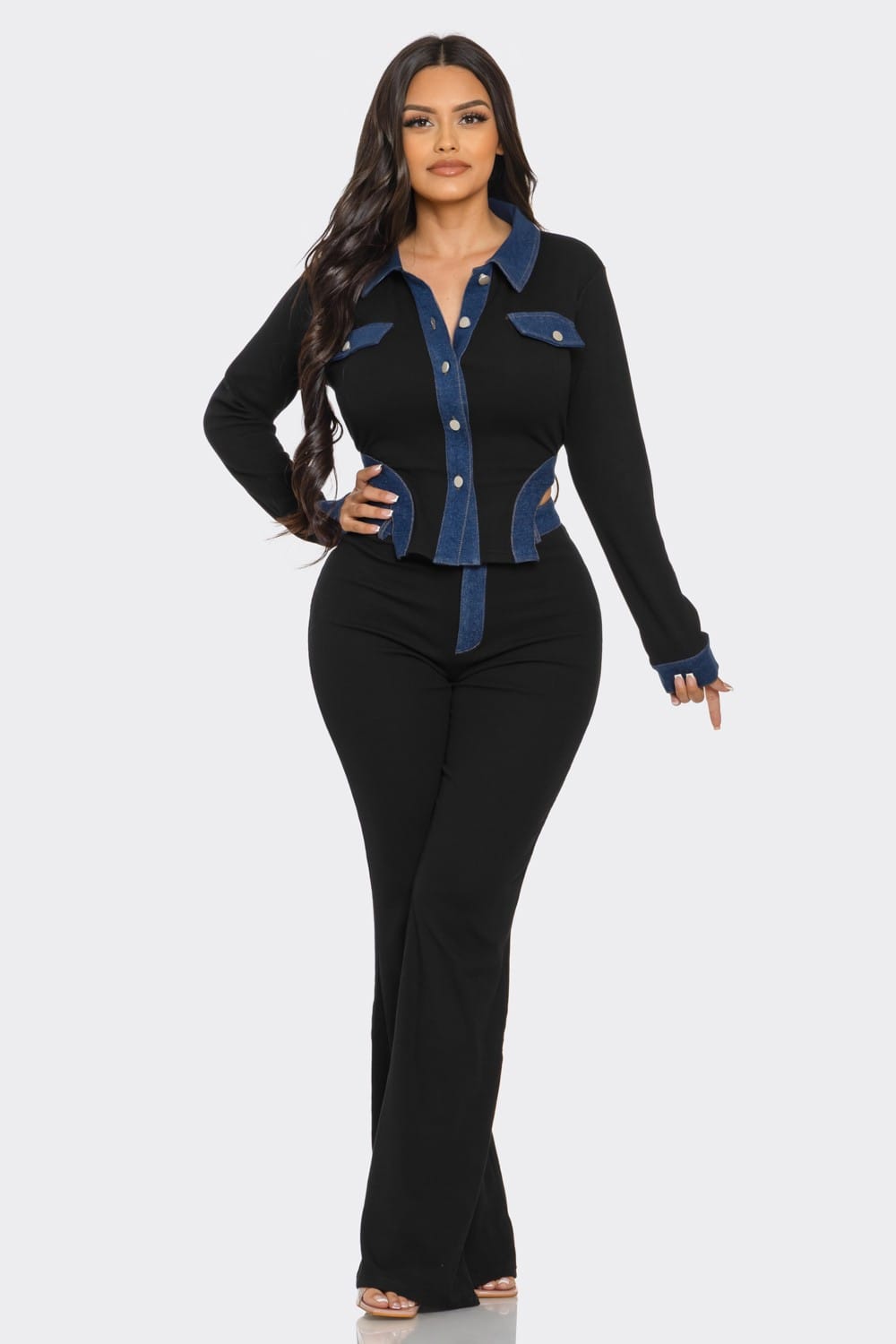 Women's Black Denim Contrast Pants Set – back view