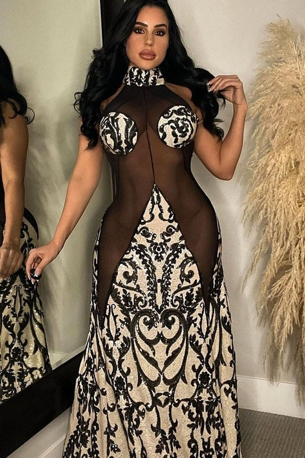 Women's Sheer Lace Print Bodycon Maxi Dress