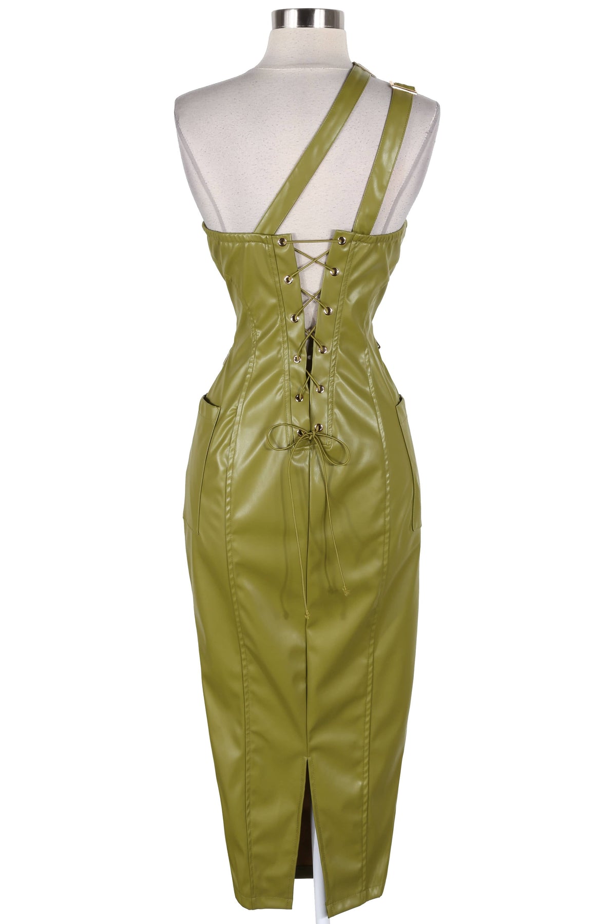 Women's Faux Leather One Shoulder Buckle Midi Dress - photo 3