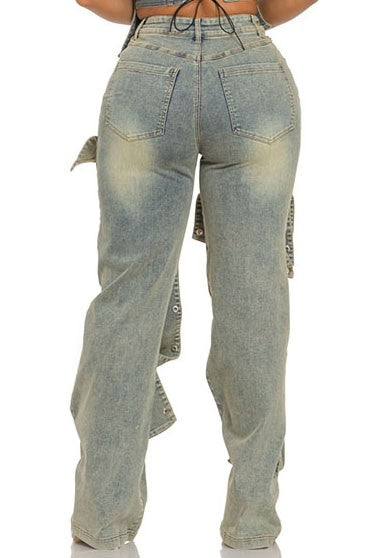 Women's Light Wash Cargo Pocket Wide Leg Jeans - photo 3