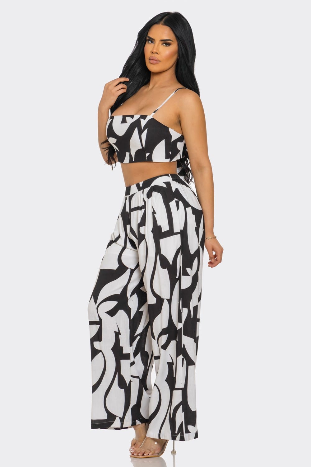 Women's Sahara Chic Geo Print Linen Tank Top Wide Leg Pants Set – front view