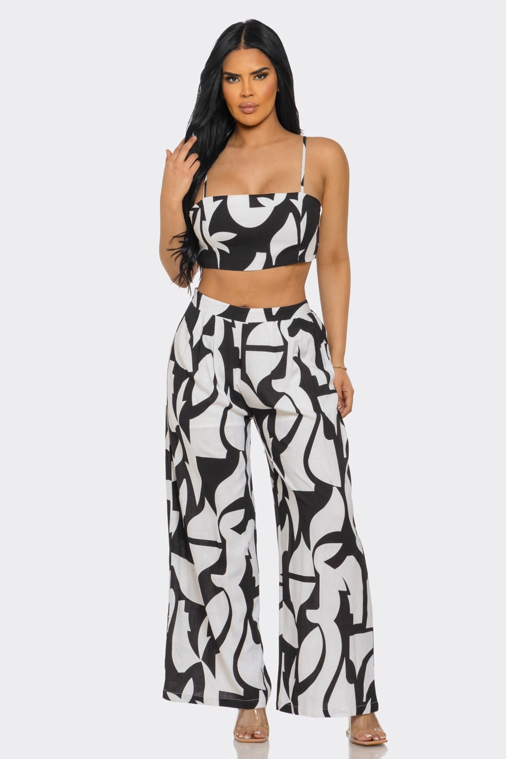 Women's Sahara Chic Geo Print Linen Tank Top Wide Leg Pants Set – side view
