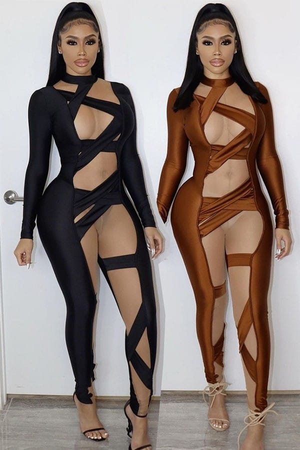 Women's Mesh Cutout Long Sleeve Fitted Jumpsuit