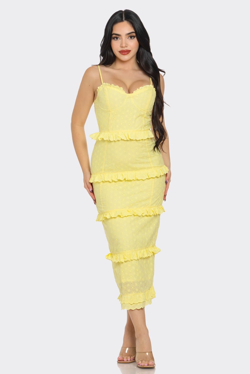 Women's Romance in Bloom Eyelet Ruffle Sweetheart Midi Dress – side view