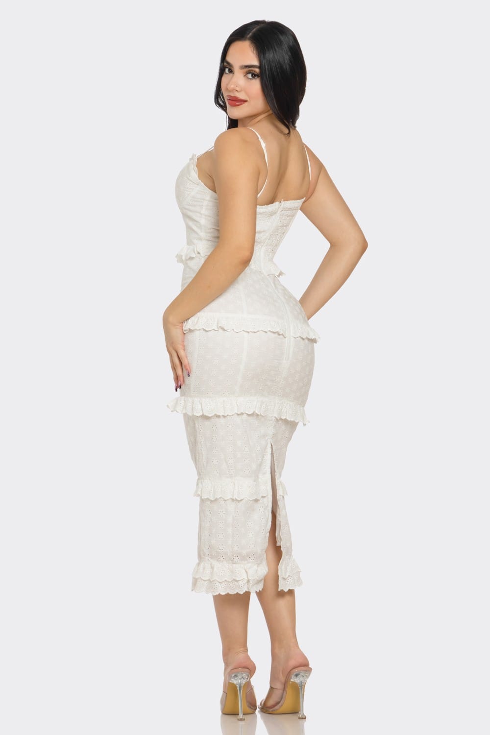 Women's Romance in Bloom Eyelet Ruffle Sweetheart Midi Dress – full-length view