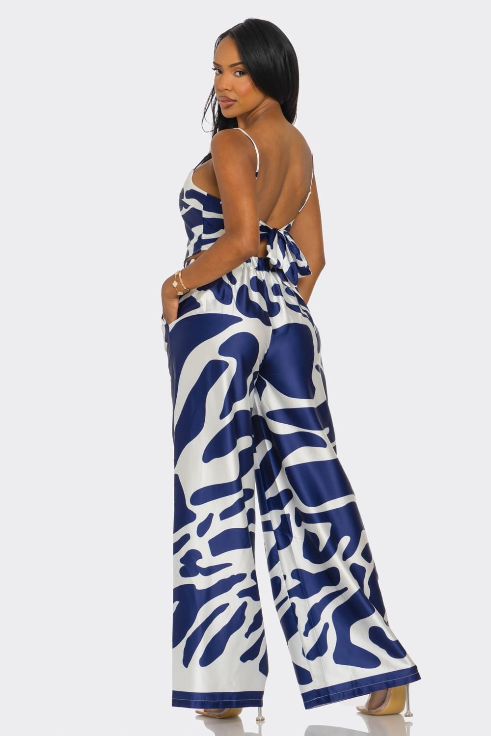 Women's Navy Bold Elegance Abstract Print Crop Top Wide Leg Pants Set – front view