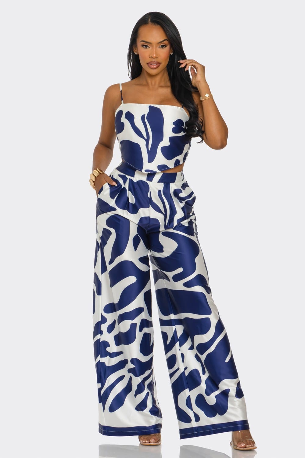 Women's Navy Bold Elegance Abstract Print Crop Top Wide Leg Pants Set – back view