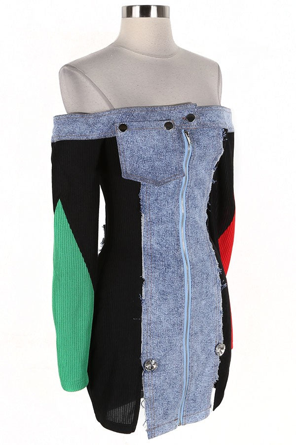 Women's Off-Shoulder Color-Block Sleeve Denim Mini Dress - photo 3