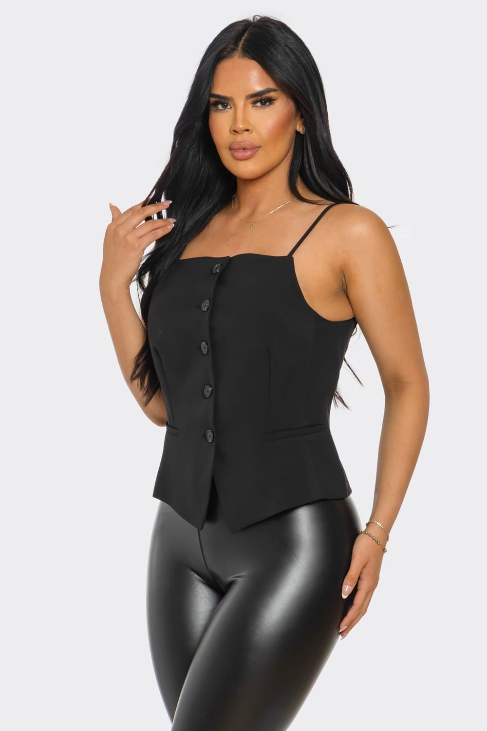 Women's Ivory Chic Button-Up Corset Top with Spaghetti Straps – front view