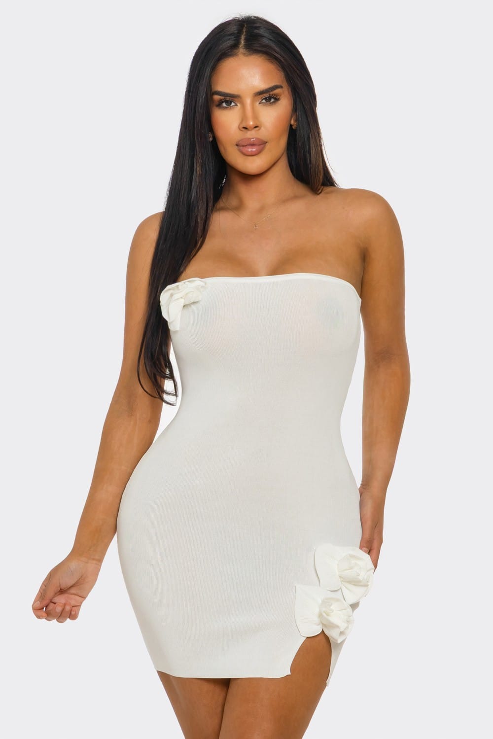 Women's Petal Whisper Strapless Floral Appliqué Bodycon Mini Dress – front view