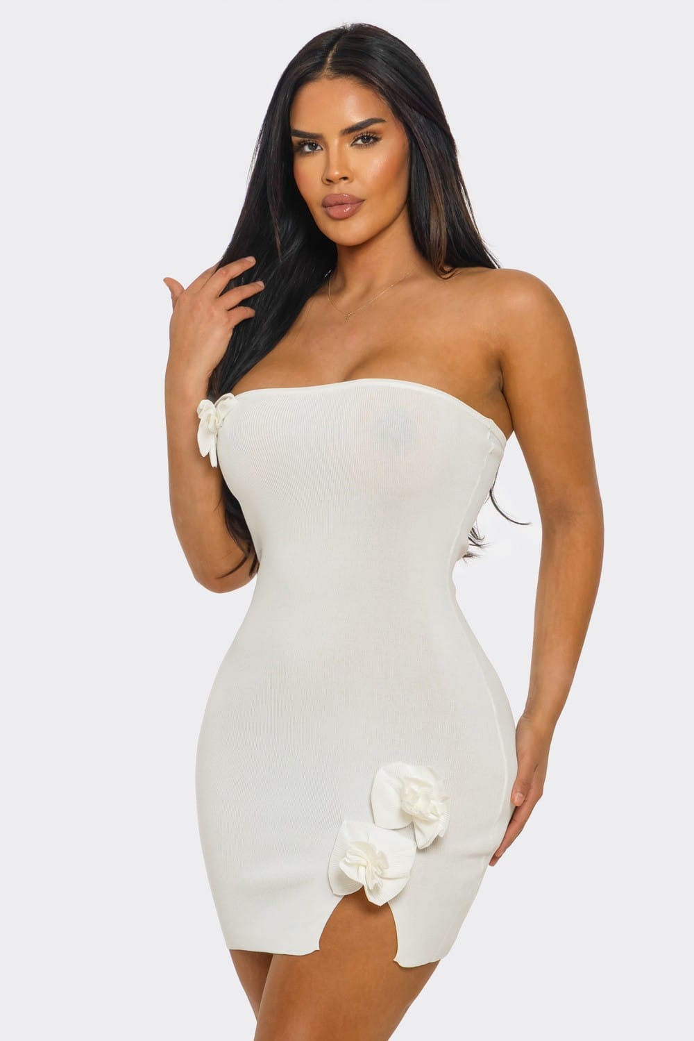 Women's Petal Whisper Strapless Floral Appliqué Bodycon Mini Dress – side view
