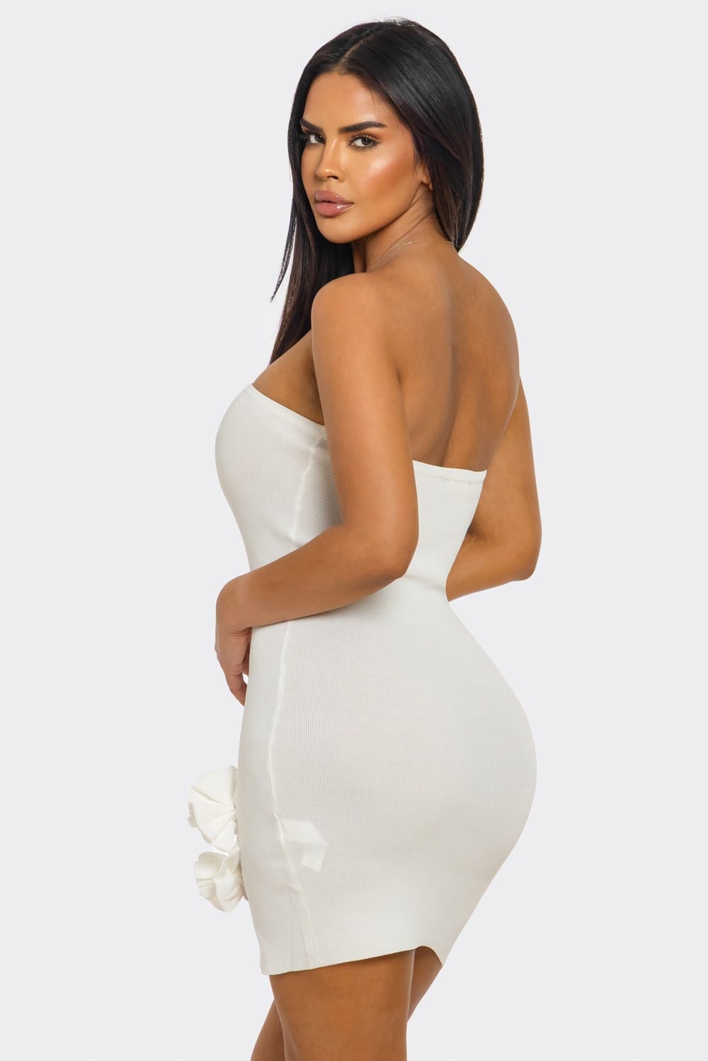 Women's Petal Whisper Strapless Floral Appliqué Bodycon Mini Dress – detail view