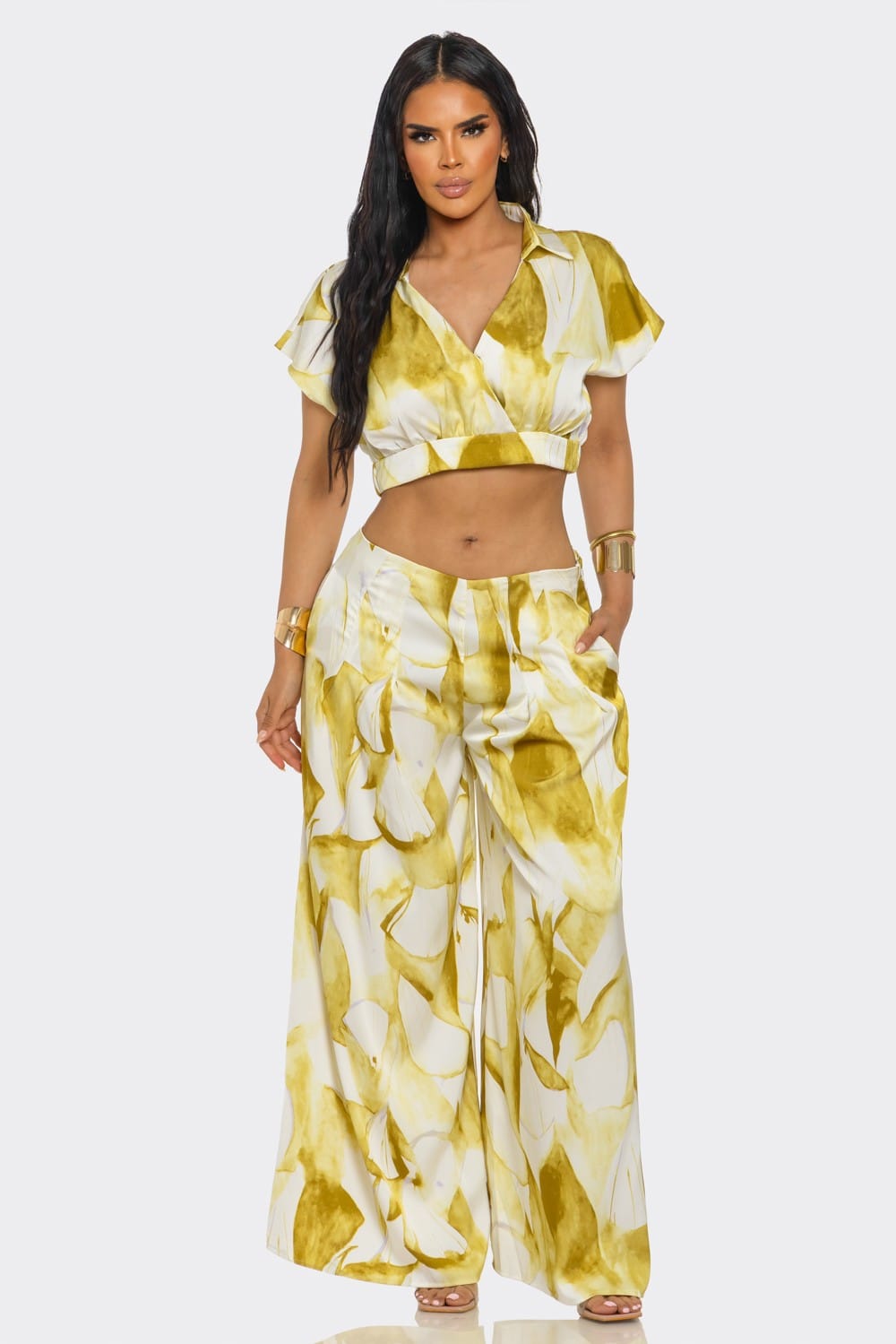 Women's Navy Flowing Petal Wrap Top & Wide Leg Pants Set – detail view