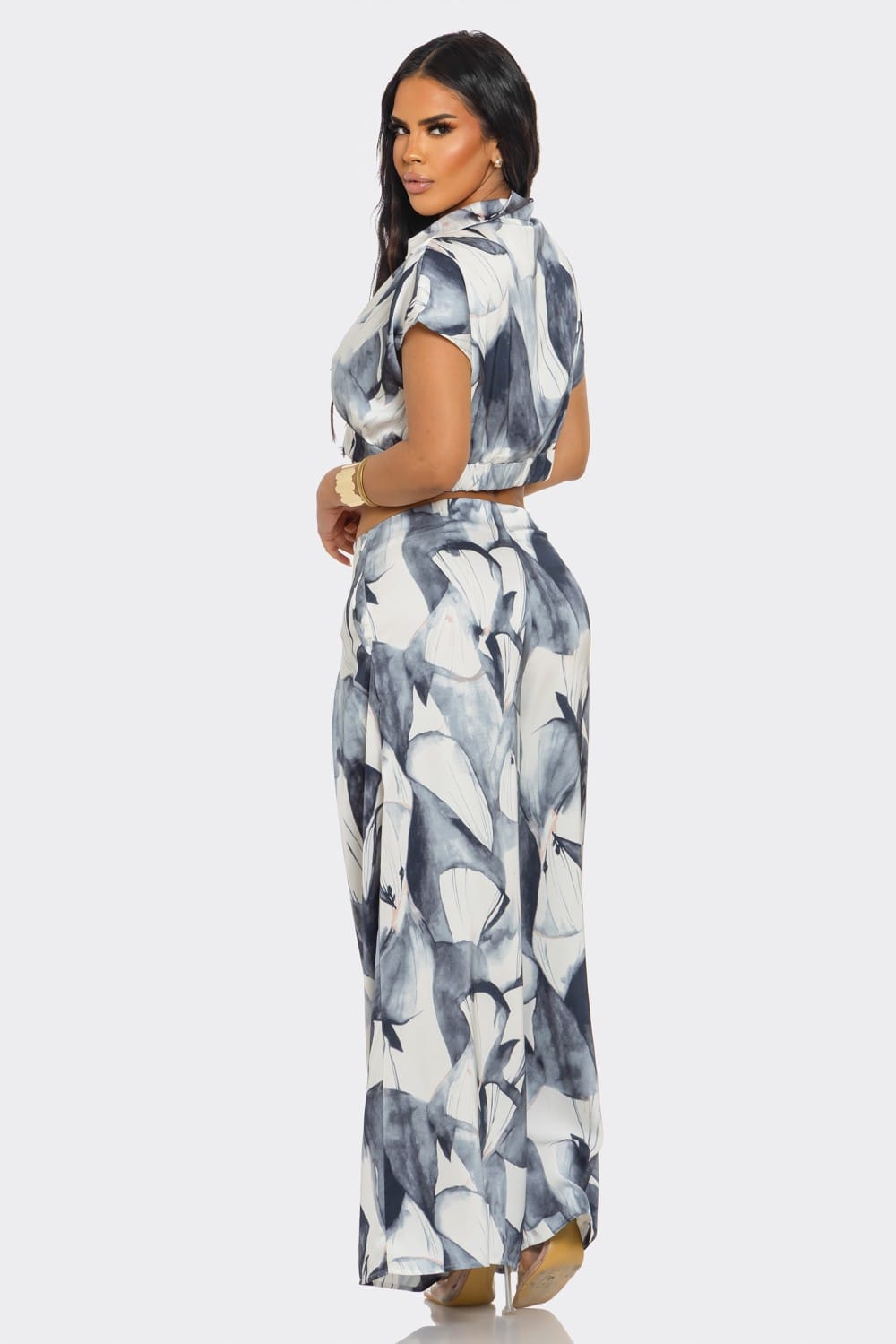 Women's Navy Flowing Petal Wrap Top & Wide Leg Pants Set – side view