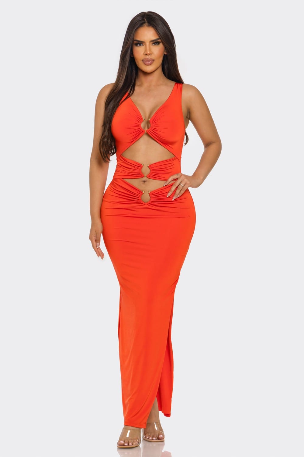 Women's Golden Siren Triple Ring Cutout Slit Maxi Dress – front view