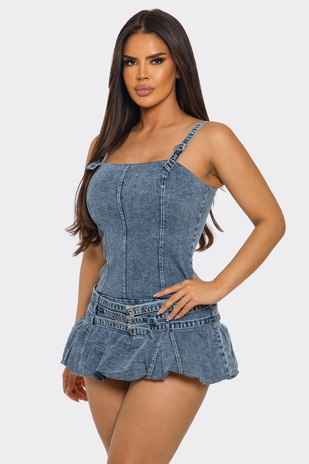Women's Denim Darling Belted Mini Romper Dress – back view