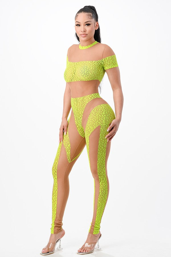Women's Sheer Mesh Short Sleeve Crop Top & Leggings Set - photo 2