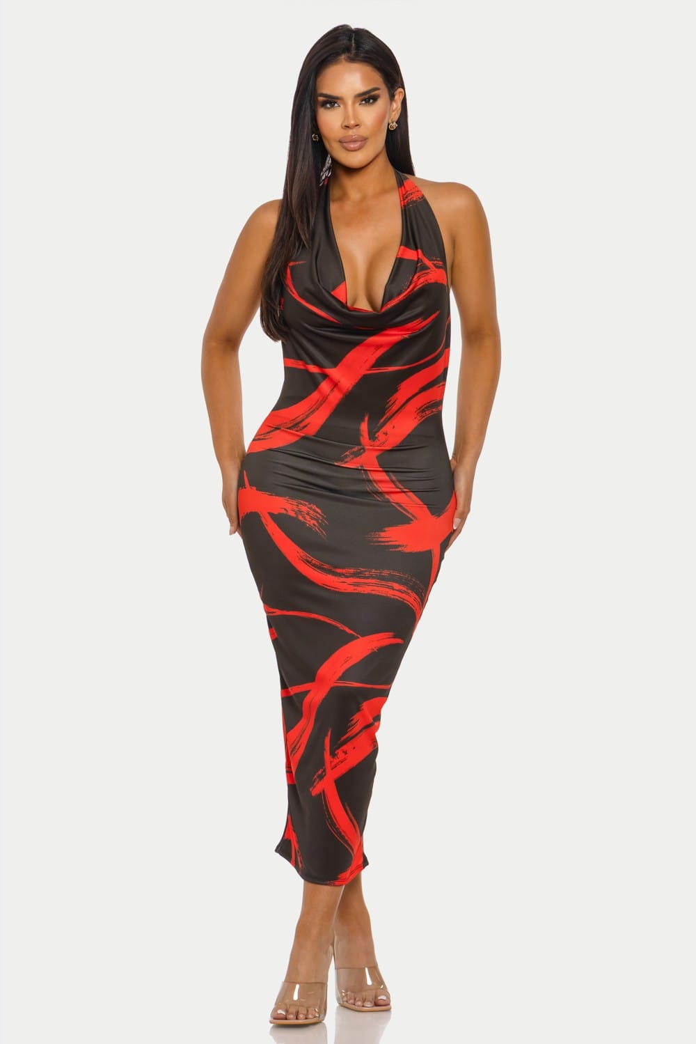 Women's Fierce Stroke Abstract Print Cowl Neck Halter Midi Dress – back view