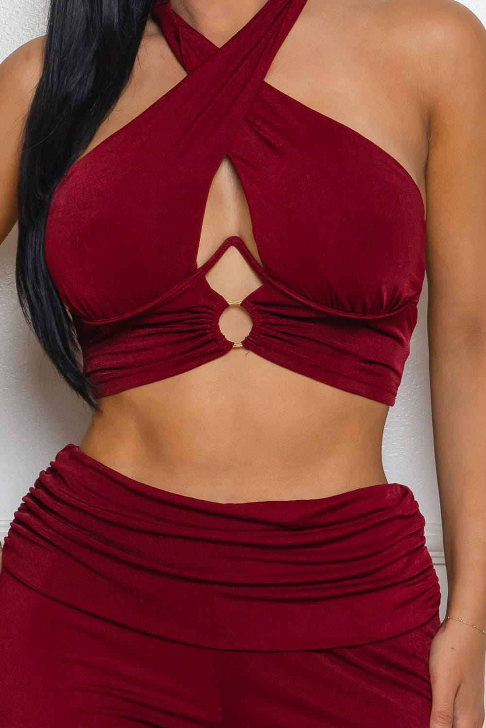 Women's Mocha Crimson Heat Velvet Halter Top & Flare Pants Set – full-length view