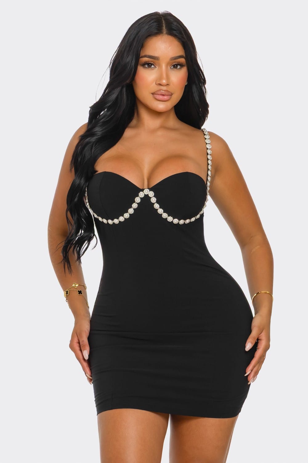 Women's Black Pearl Embrace Sweetheart Pearl Detail Mini Dress – detail view