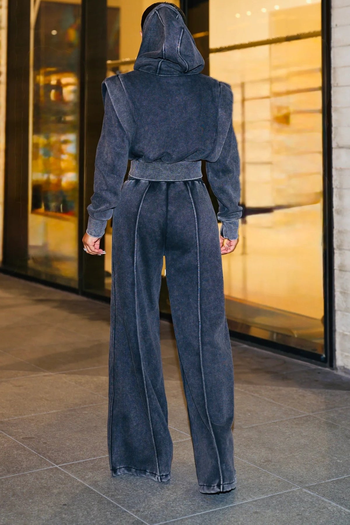 Women's sculptural shoulder crop hoodie and wide leg jogger set