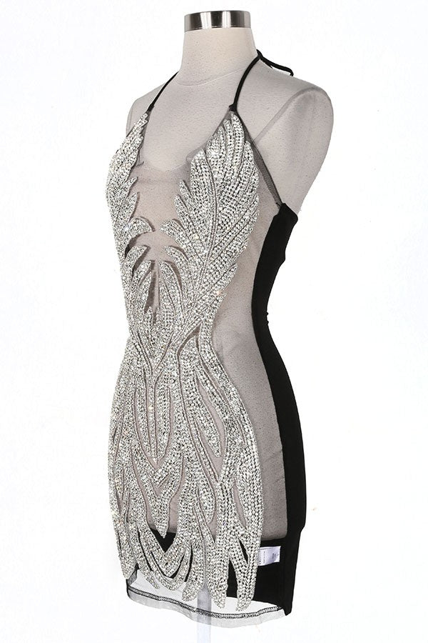 Women's silver sequin halter sheer mesh mini dress - photo 3