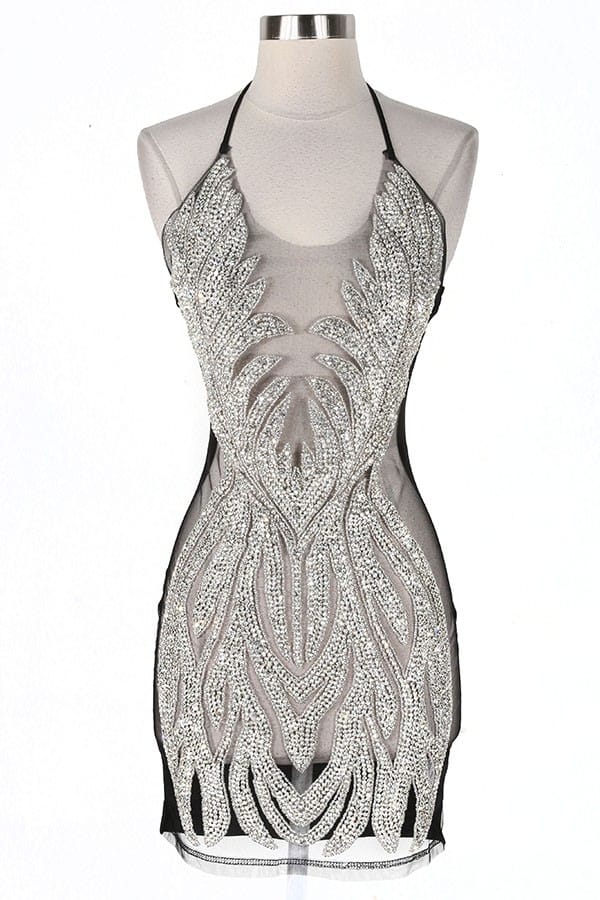 Women's silver sequin halter sheer mesh mini dress - photo 2