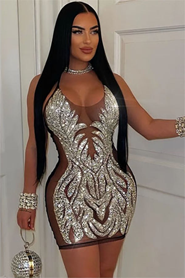 Women's silver sequin halter sheer mesh mini dress