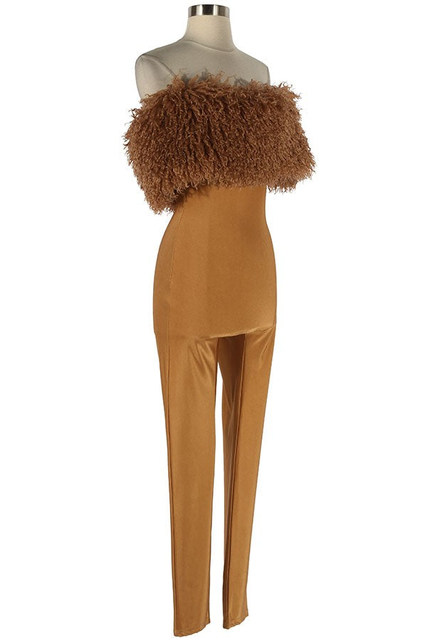 Women's camel off-shoulder faux fur trim fitted jumpsuit - photo 2